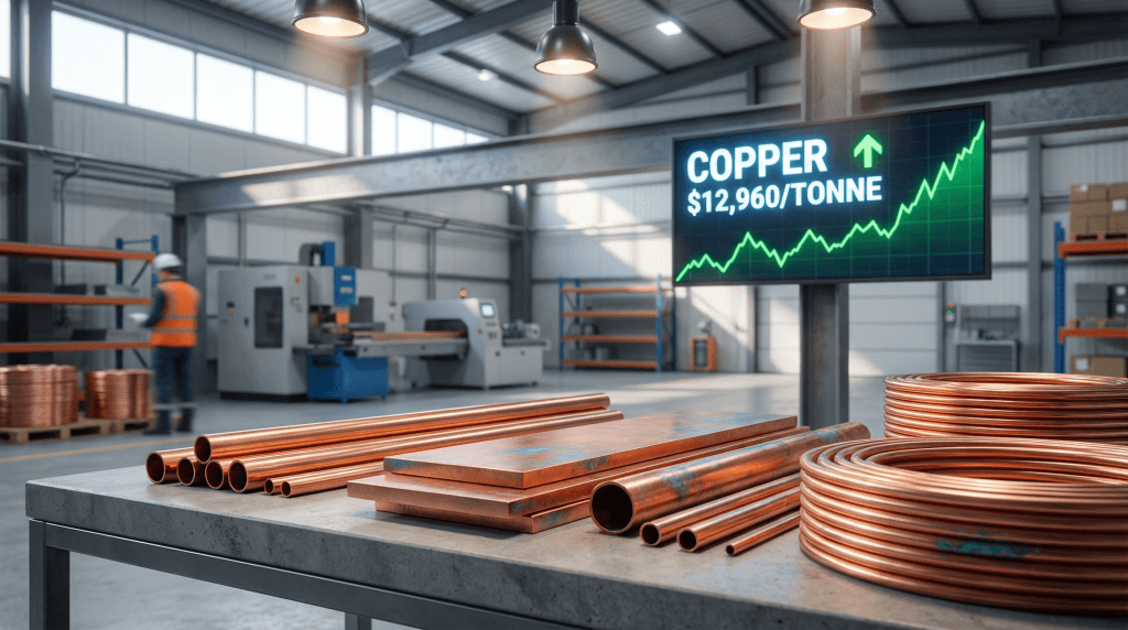 Industrial copper materials with price display showing record high of $12,960 per tonne