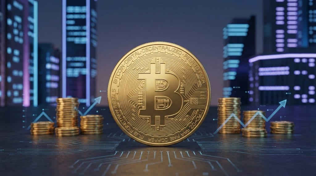 Bitcoin consolidation with institutional accumulation - cryptocurrency market analysis showing Bitcoin coin with digital network and corporate buildings representing strategic positioning