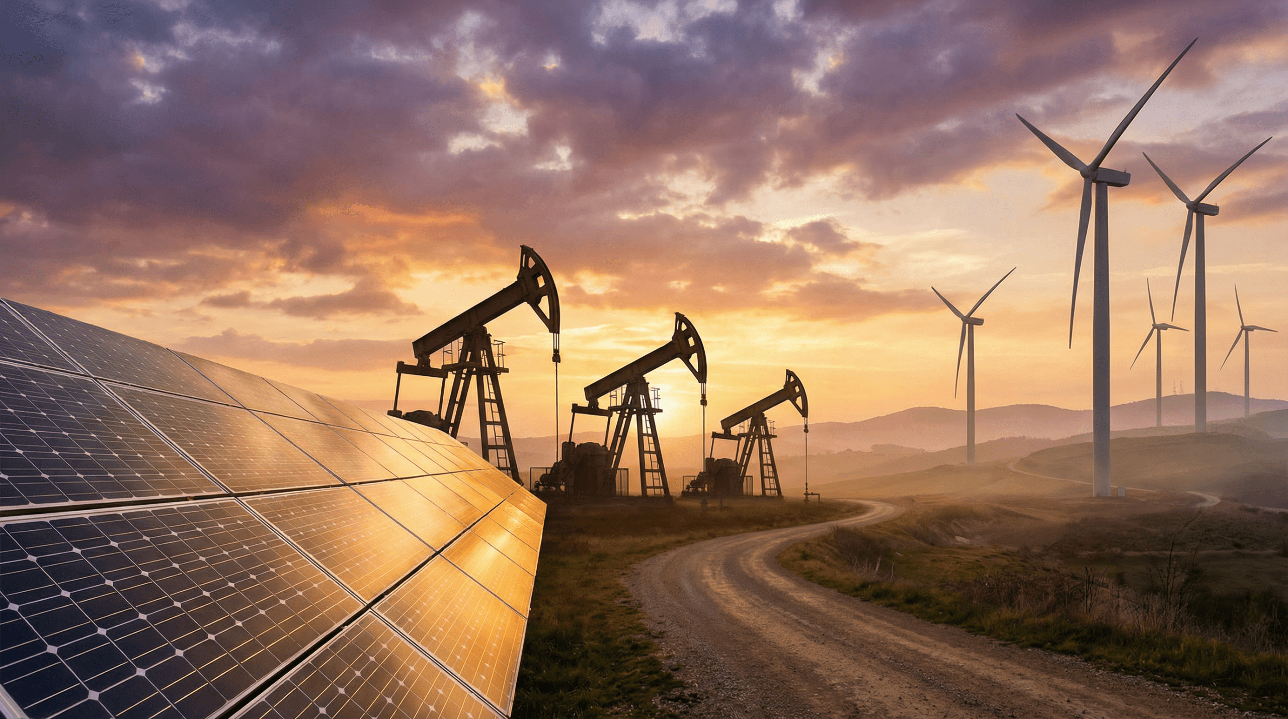Energy sector landscape showing solar panels, oil pump jacks, and wind turbines at sunset representing the transition between traditional and renewable energy sources