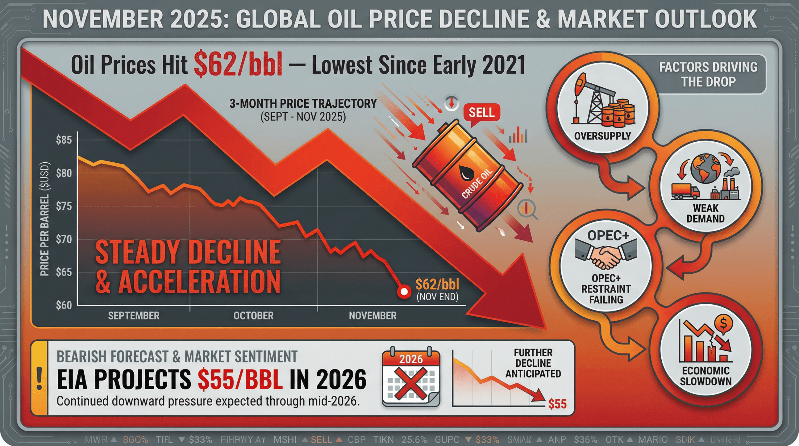 Professional oil price decline infographic for November 2025. Central visual: Large downward red arrow with oil barrel falling. Displays price levels: 'Oil Prices Hit $62/bbl - Lowest Since Early 2021'. Includes price chart showing steady decline from September through November. Show contributing factors in circular nodes: Oversupply, Weak demand, OPEC+ restraint failing, Economic slowdown. Include bearish forecast: 'EIA Projects $55/bbl in 2026'. Color scheme: Bearish reds, declining oranges, cautionary yellows, professional grays. Financial market decline style with clear downward trajectory visualization.