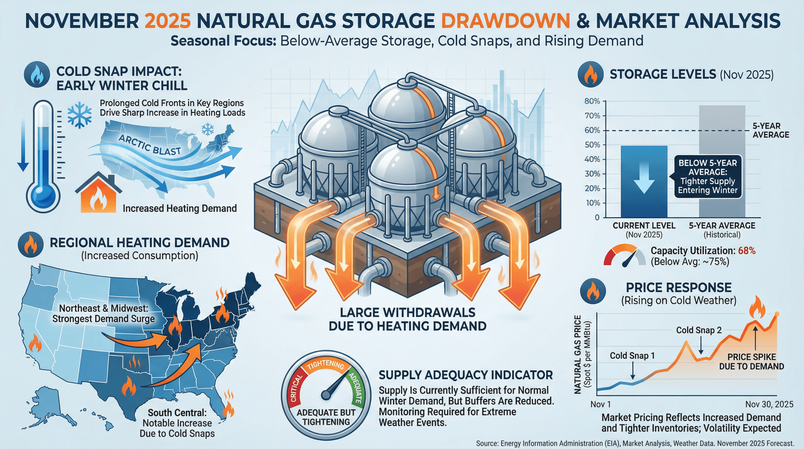 Professional natural gas storage drawdown infographic for November 2025. Central visual: Large natural gas storage facility with downward arrows showing withdrawals. Display storage levels: 'Below 5-Year Average' with comparison chart. Show cold snap impact with thermometer and snowflake icons. Include regional demand map showing increased heating consumption. Display price response: Natural gas prices rising on cold weather. Show supply adequacy indicator: 'Adequate but tightening'. Color scheme: Winter blues, natural gas flame oranges, storage facility grays. Professional commodity market analysis style with seasonal demand focus.
