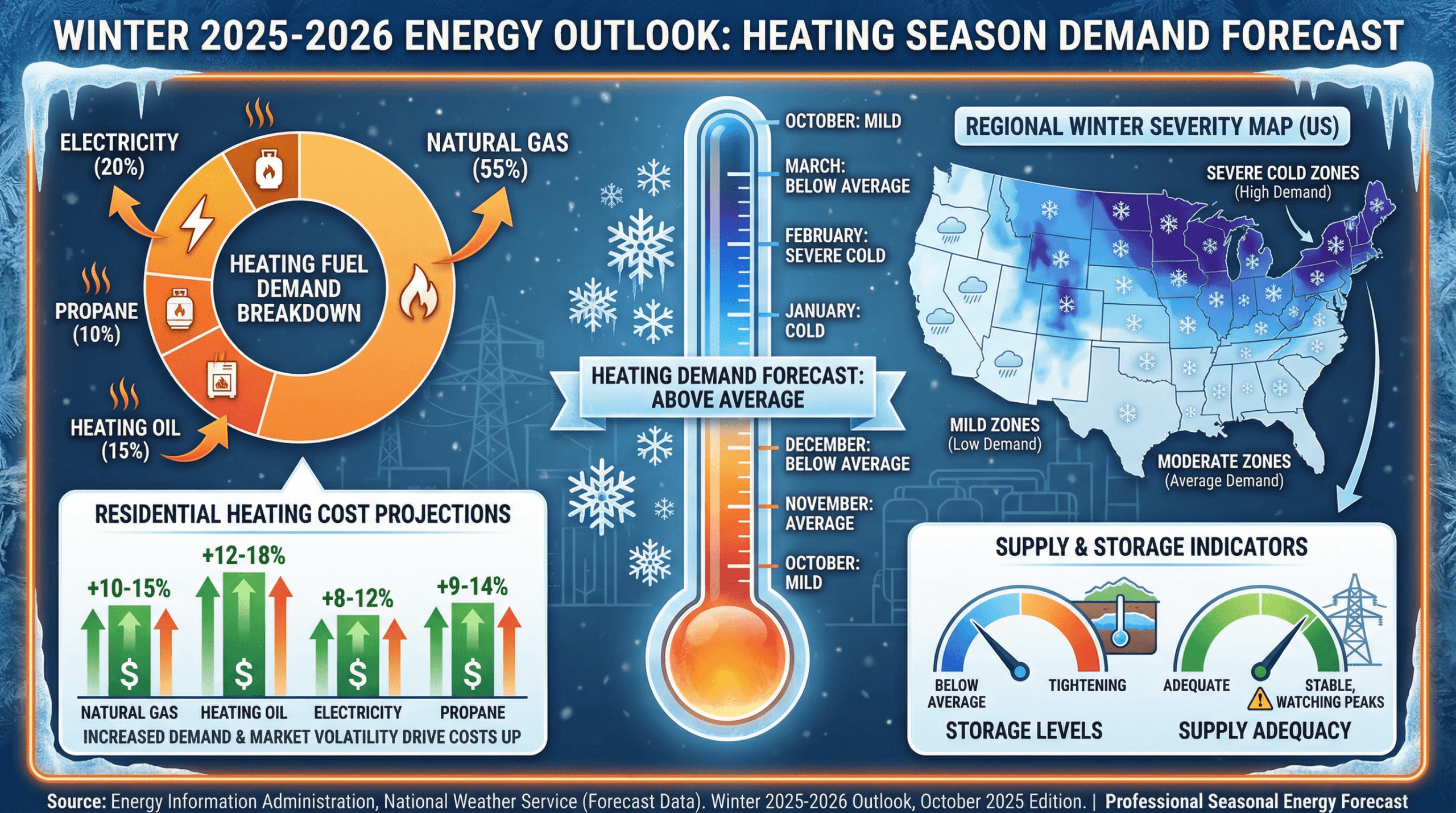 Professional winter 2025-2026 energy outlook infographic. Central theme: Heating season demand forecast. Large thermometer showing temperature projections with snowflake icons. Display heating fuel demand breakdown: Natural gas (largest share), Heating oil, Electricity, Propane. Include residential heating cost projections with dollar signs and upward arrows. Show regional winter severity map of US with cold zones highlighted. Include storage levels indicator and supply adequacy gauge. Color scheme: Winter blues and whites, warm oranges for heating, financial greens. Professional seasonal energy forecast style.