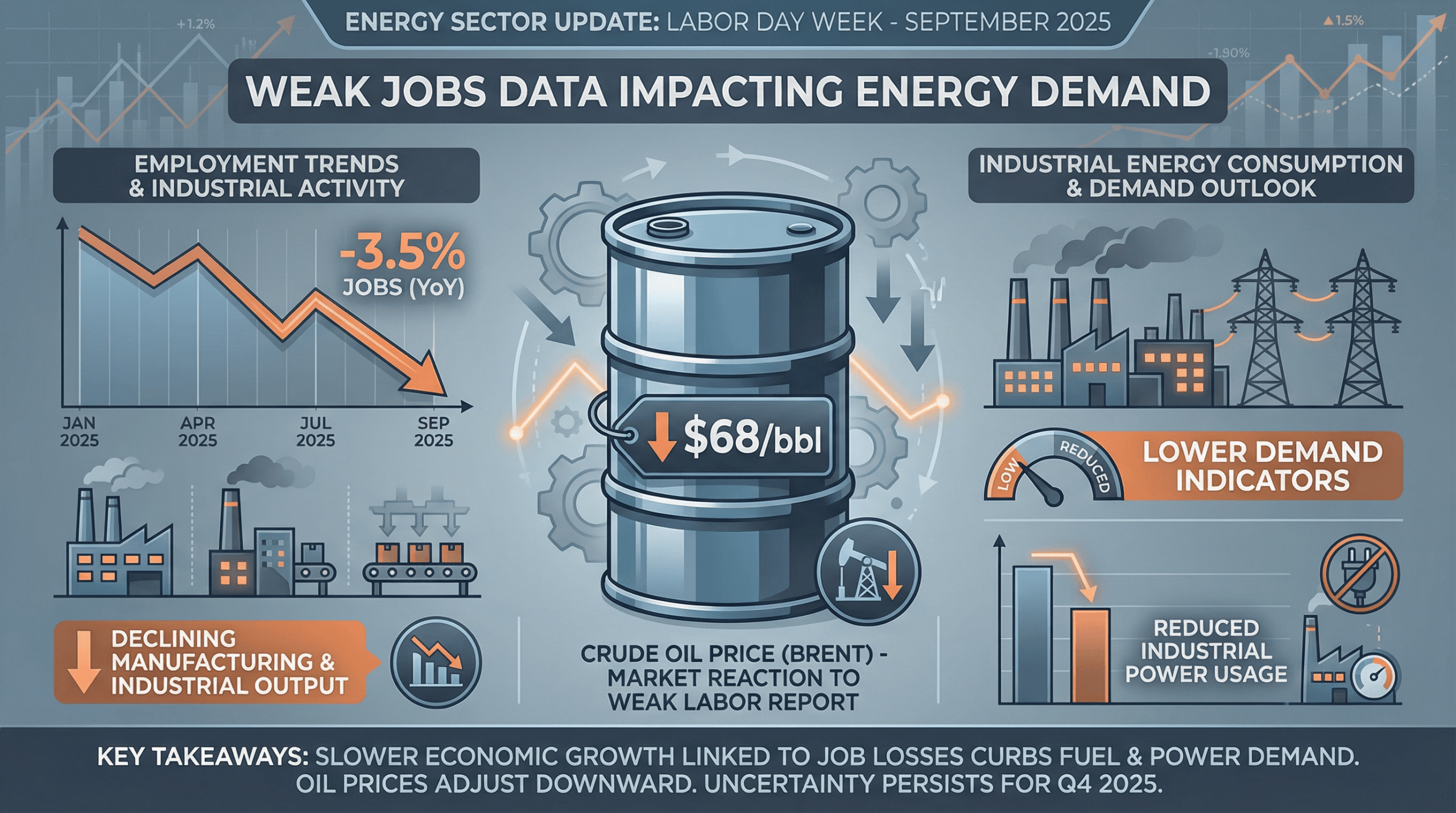 Professional energy sector infographic for Labor Day week 2025. Central theme: US Labor Day travel and energy demand. Shows holiday travel statistics: 45 million Americans traveling, with breakdown of travel modes (cars, planes). Includes gasoline demand chart showing spike during holiday week. Displays US oil production levels hitting record highs. Color scheme: Patriotic reds/blues, energy oranges, travel greens. Professional holiday market analysis style.