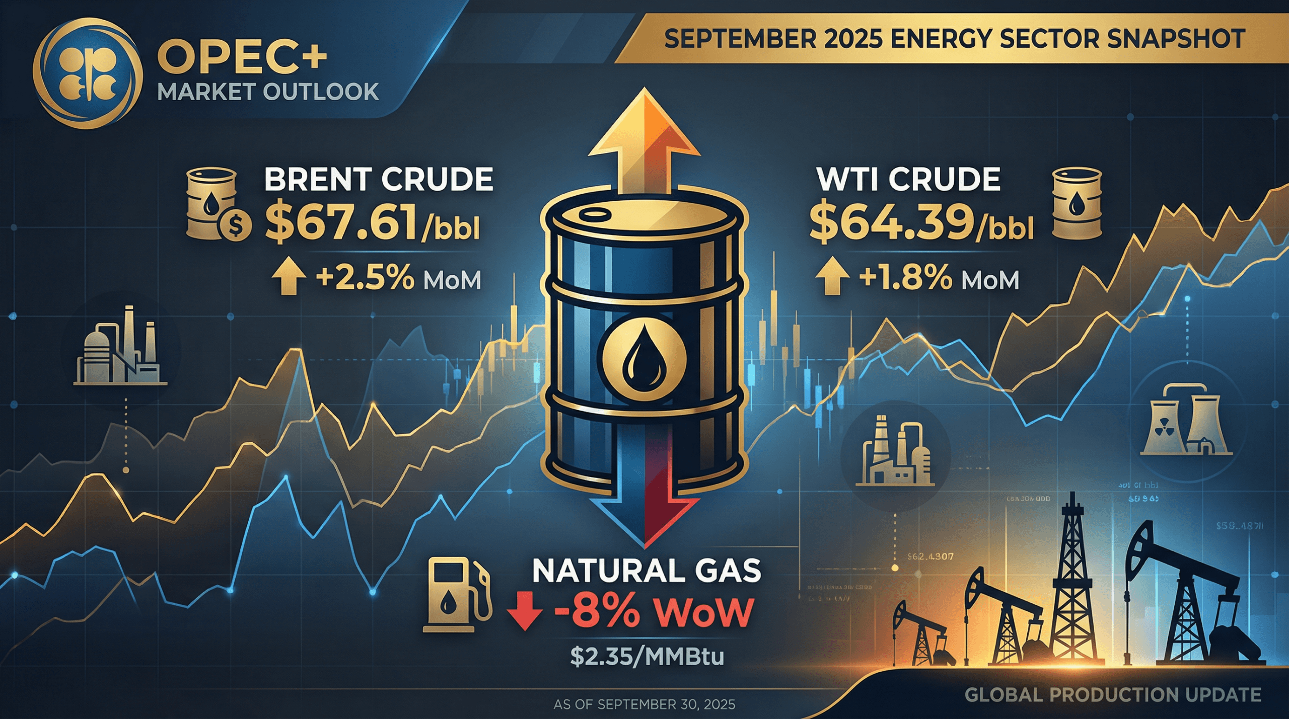 September 2025 Energy Sector Snapshot - OPEC+ Market Outlook, Brent Crude $67.61/bbl, WTI Crude $64.39/bbl, Natural Gas -8% WoW