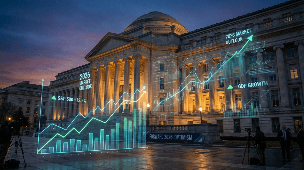Federal Reserve building with financial market charts showing 2026 outlook and policy expectations for investors