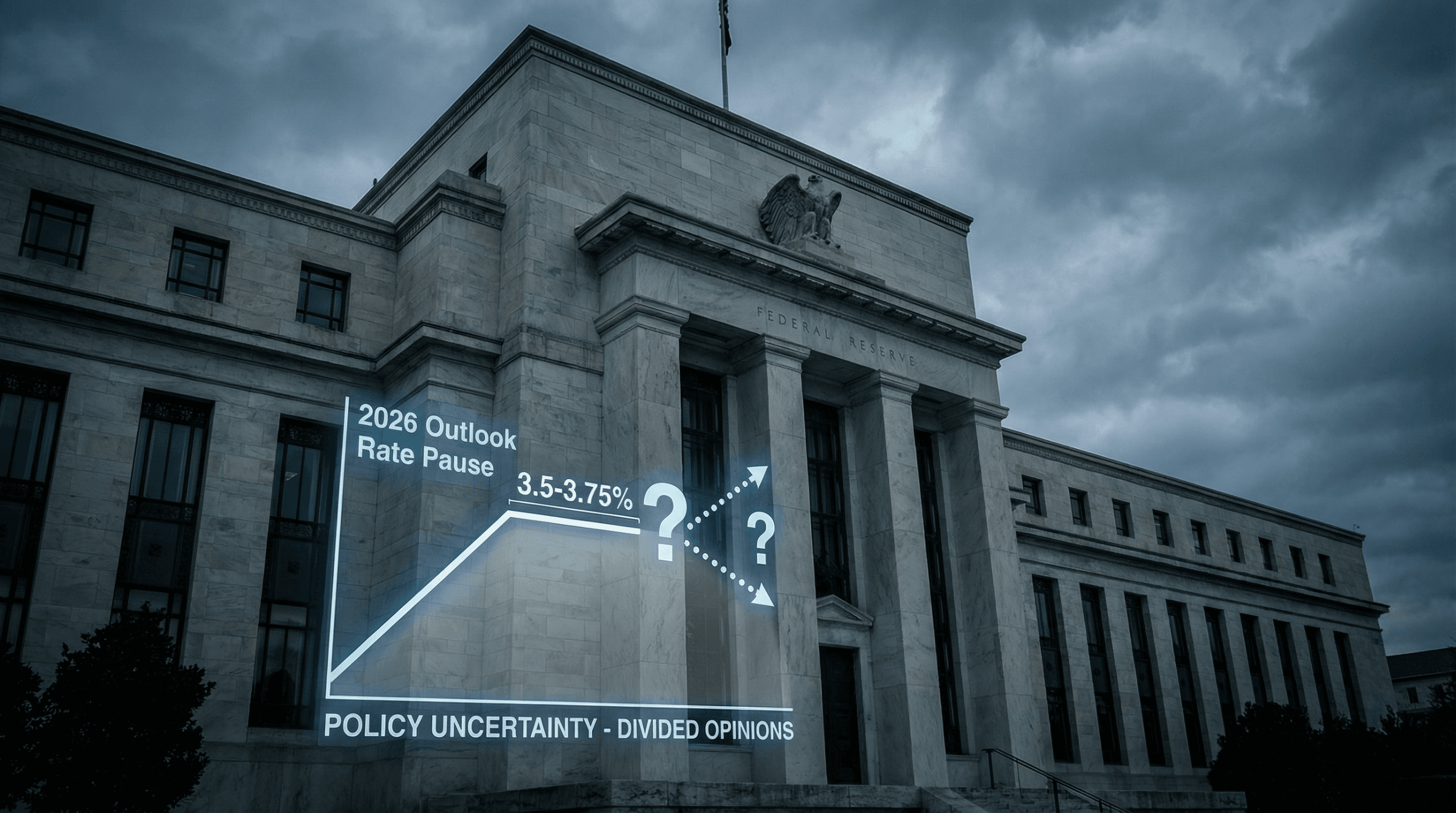 Federal Reserve interest rate outlook 2026 showing divided policy expectations and cautious rate cut path