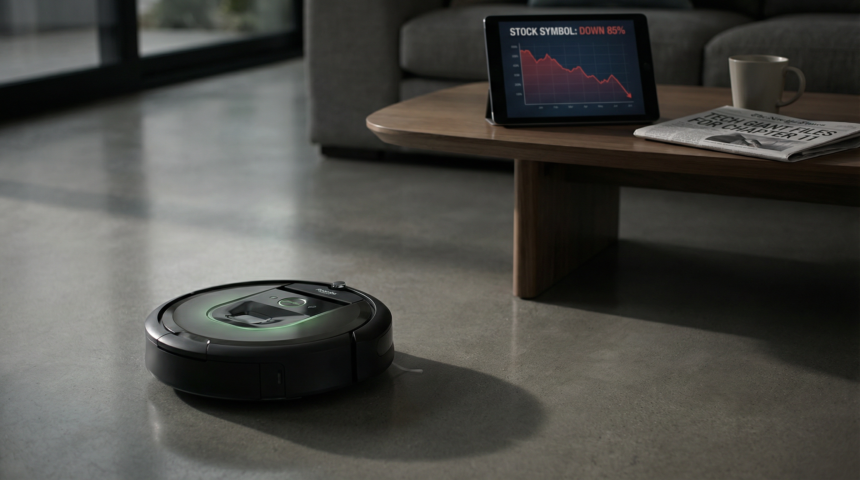 Roomba robotic vacuum cleaner on modern home floor with tablet showing dramatic stock price decline, symbolizing iRobot's bankruptcy and consumer sector distress.