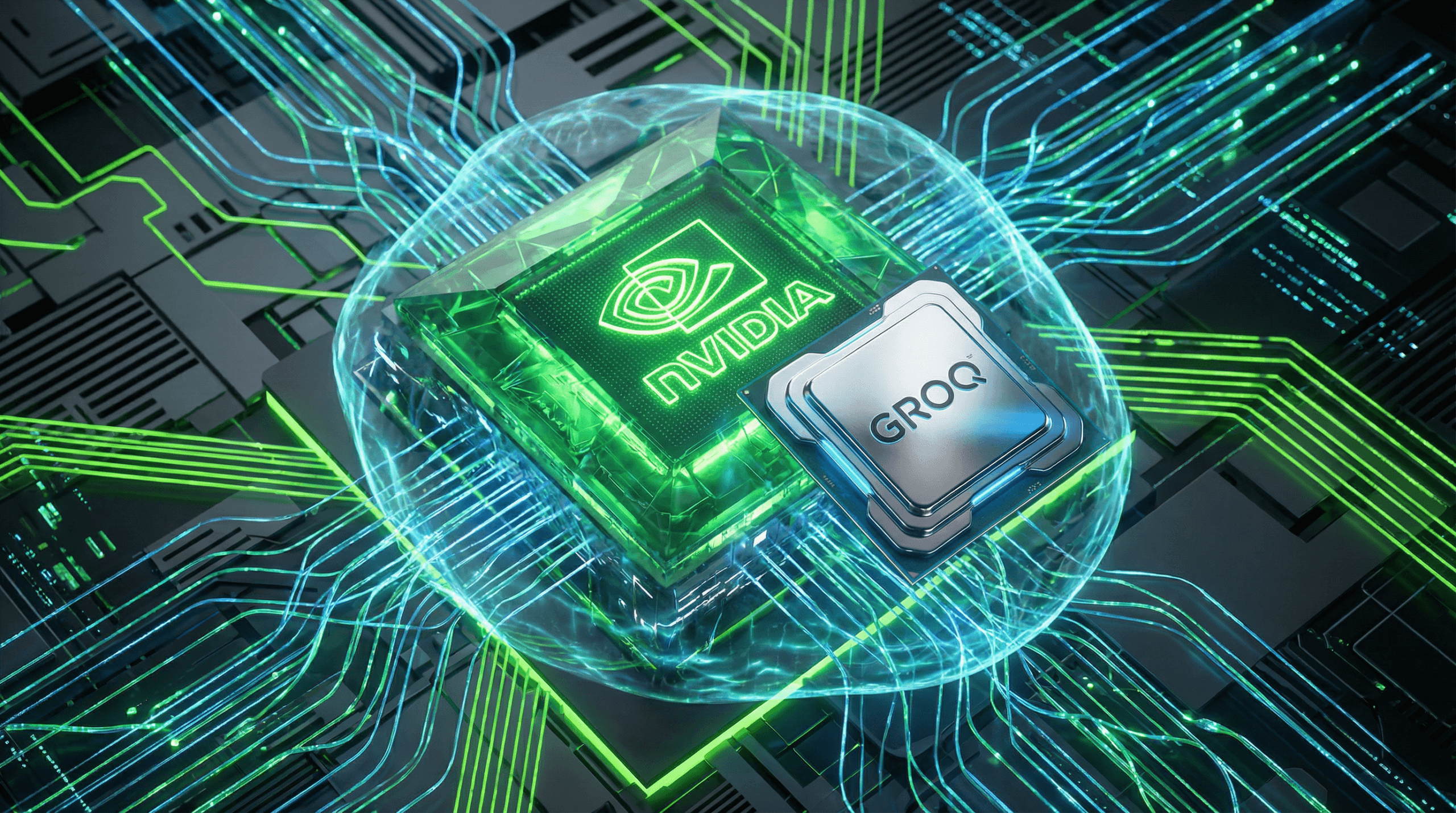 A business news illustration depicting the Nvidia and Groq acquisition. The Nvidia logo is on the left, and an AI chip is on the right. In the center, a digital handshake symbolizes the merger, with “$20 Billion Deal” text below. The background is a high-tech data center.