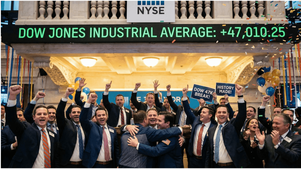 Dow Jones Industrial Average chart breaking 47,000 milestone for first time in October 2025