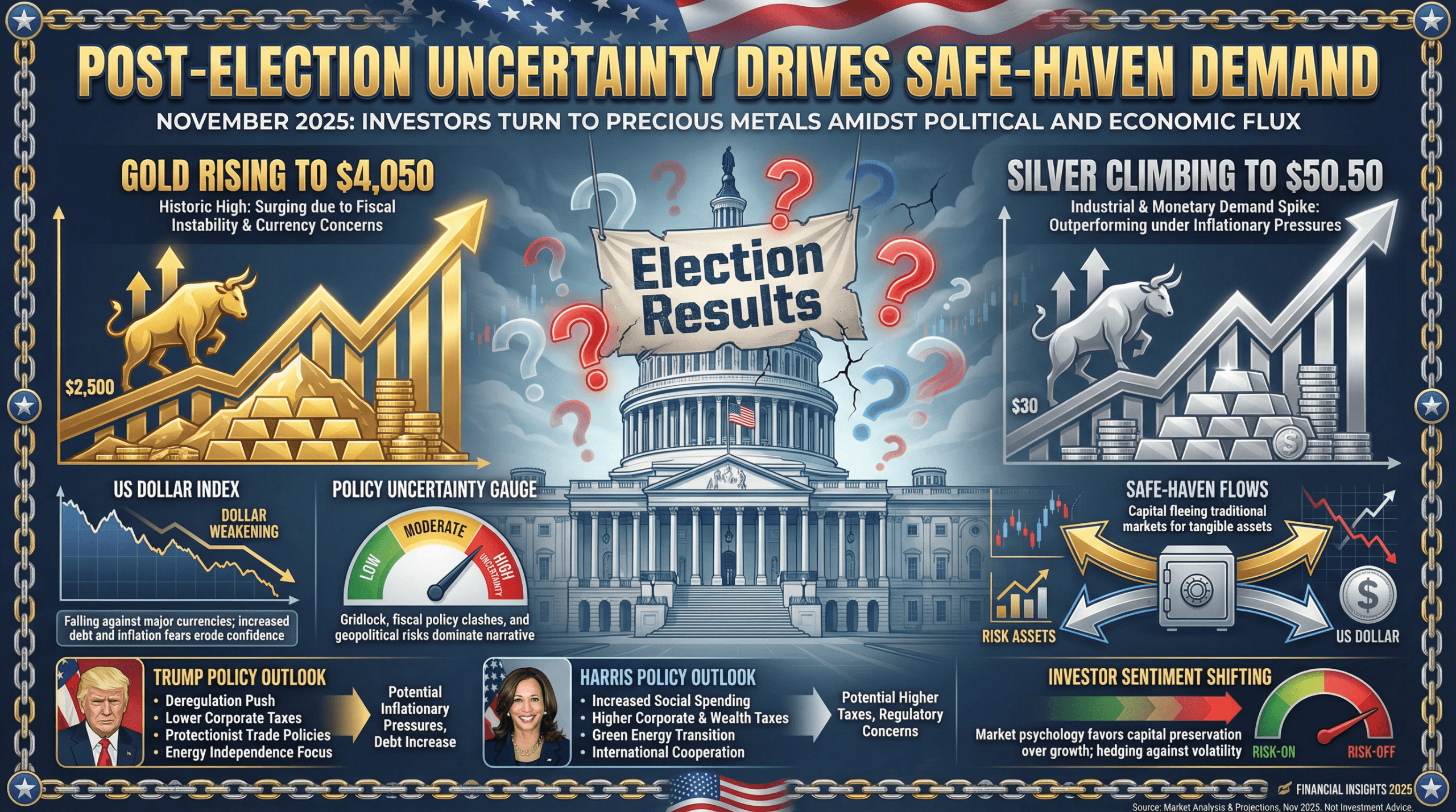 Post-election uncertainty precious metals infographic with US Capitol, policy uncertainty gauge, and safe-haven flows, November 2025