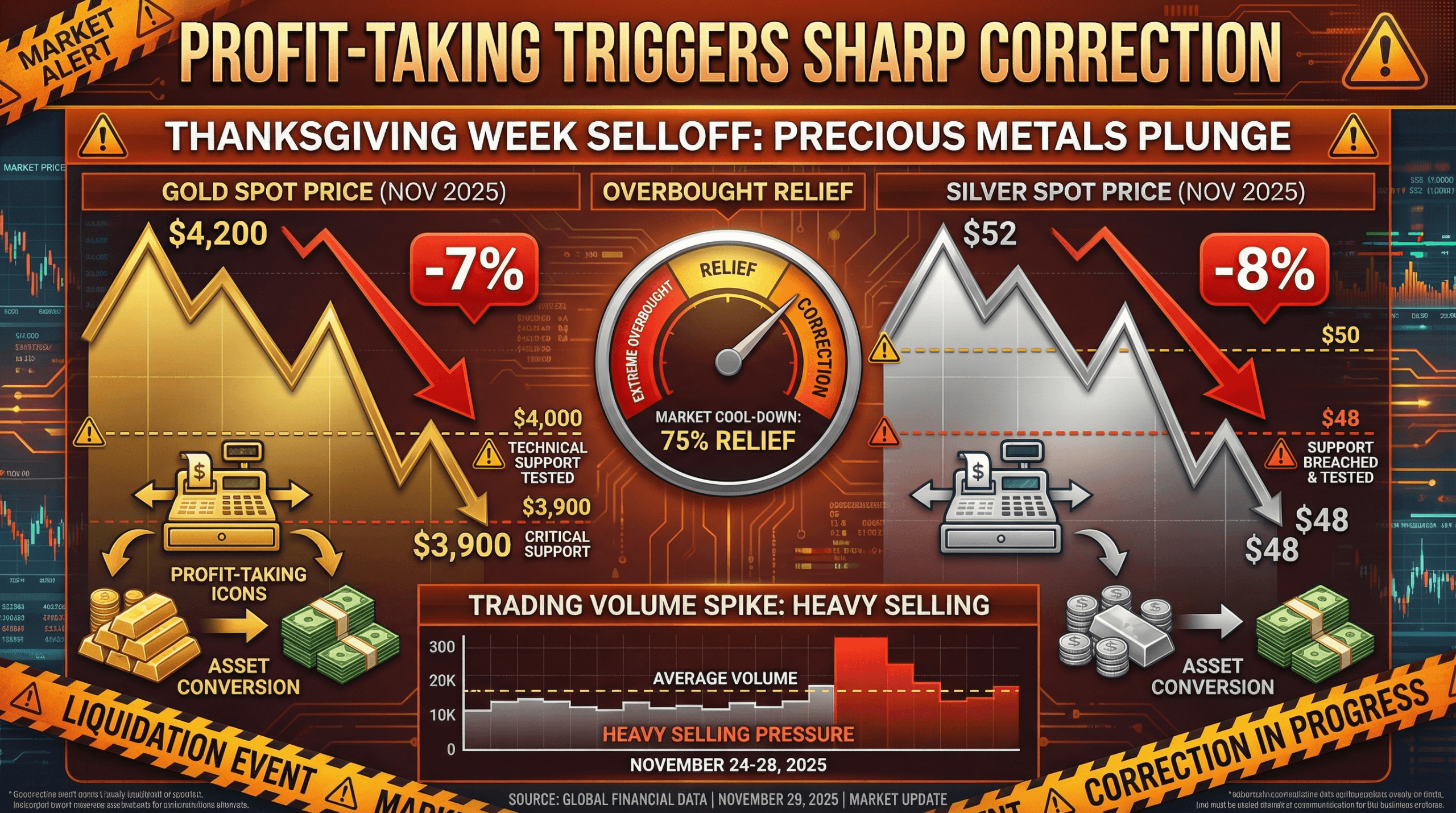Profit-taking triggers sharp correction in precious metals with gold and silver falling and overbought relief gauge, November 2025