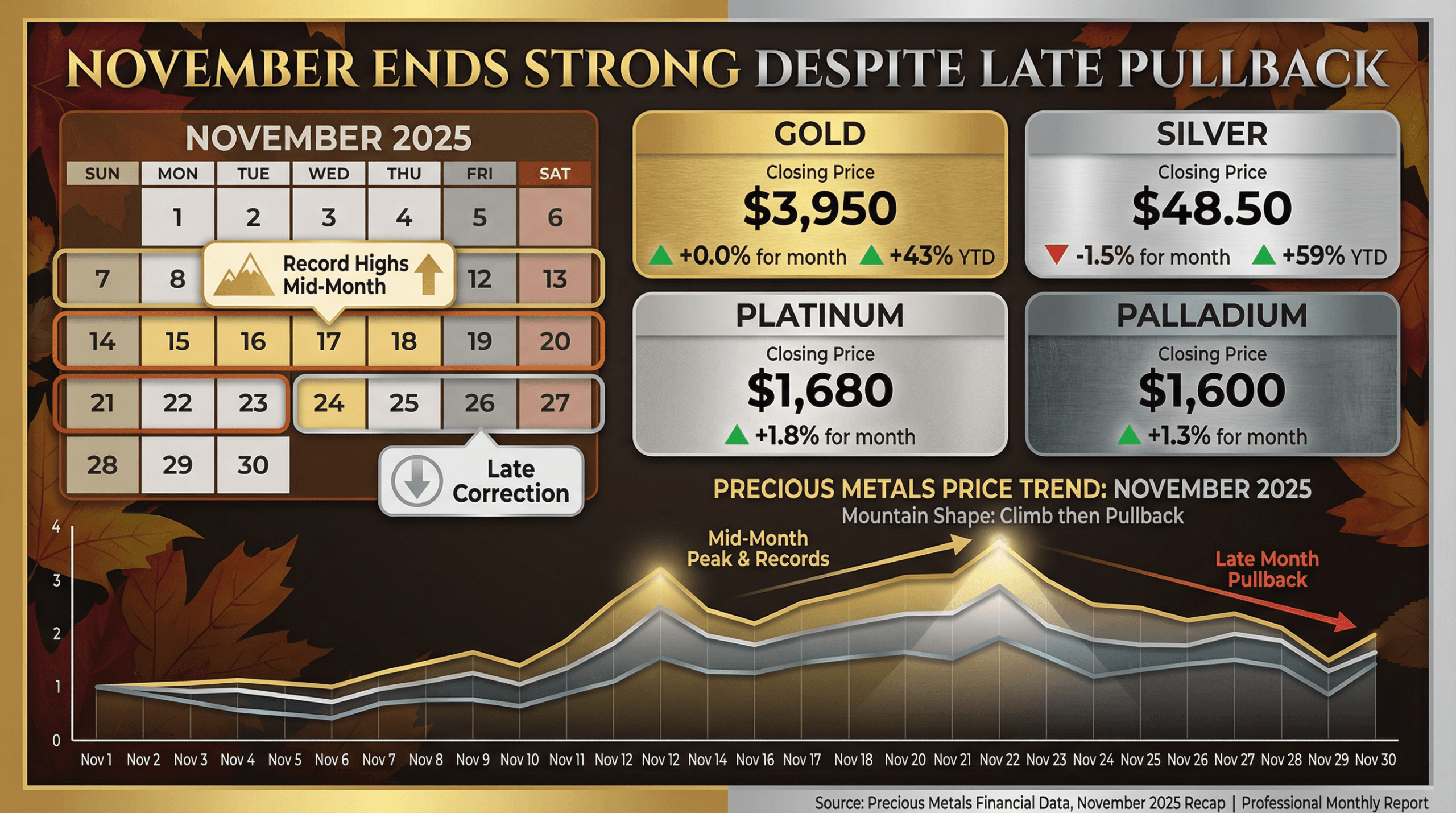 November 2025 precious metals monthly recap showing strong month despite late pullback with mountain-shaped trend chart
