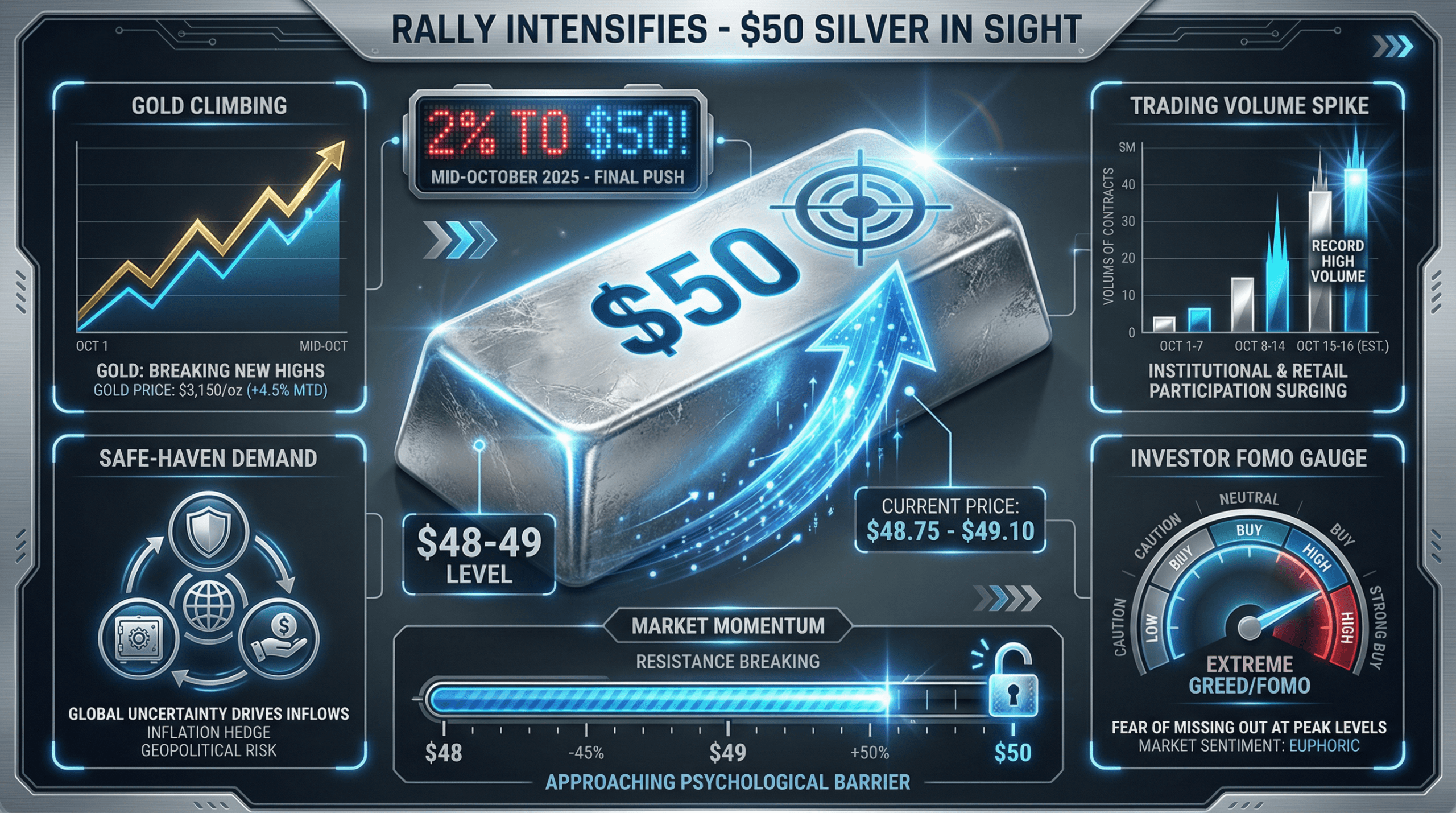 Precious metals rally intensifies with silver targeting 0 and FOMO gauge showing peak demand, October 2025