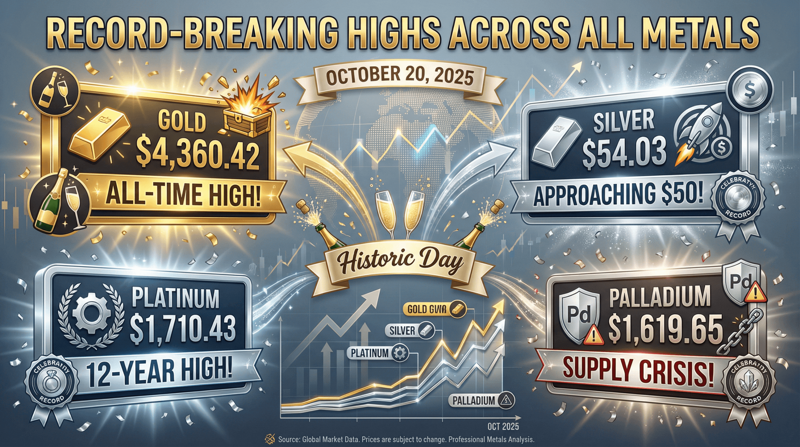 Gold, silver, platinum, and palladium hitting record highs with celebration confetti and synchronized surge chart, October 2025