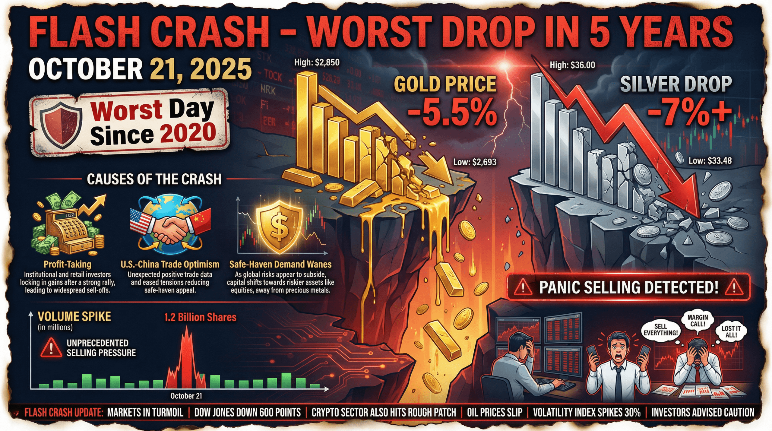 Precious metals flash crash infographic with falling gold and silver bars and panic selling indicators, October 2025