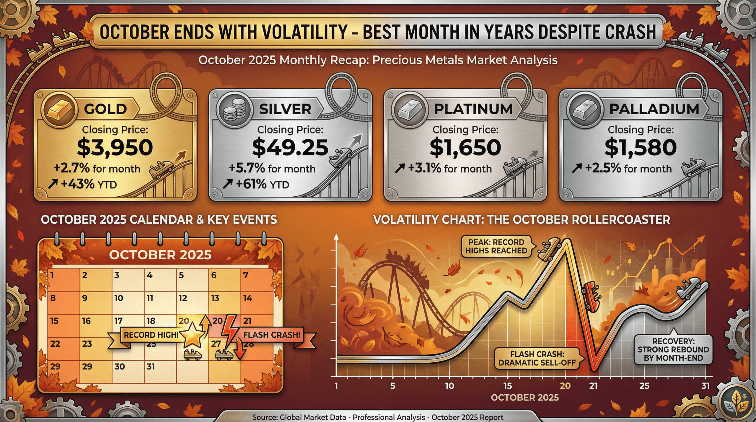 October 2025 precious metals recap with rollercoaster volatility chart and monthly performance for all four metals