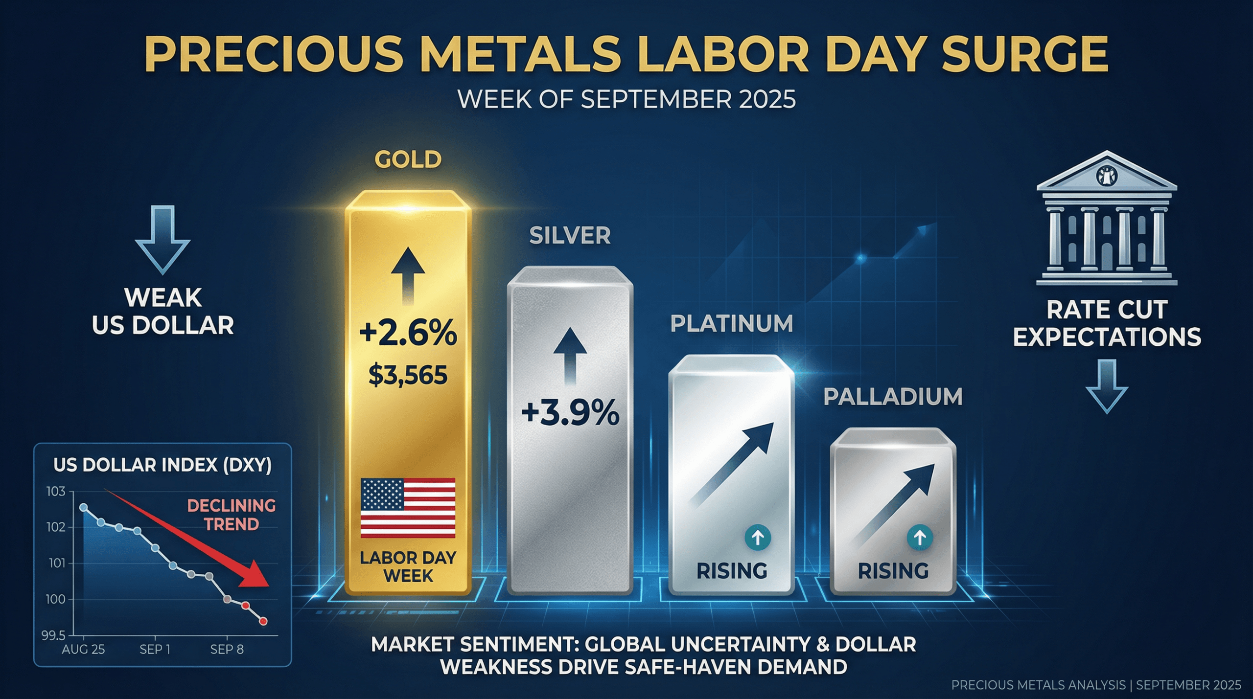 Gold and silver price surge infographic showing Labor Day week gains with Federal Reserve building and declining dollar chart, September 2025