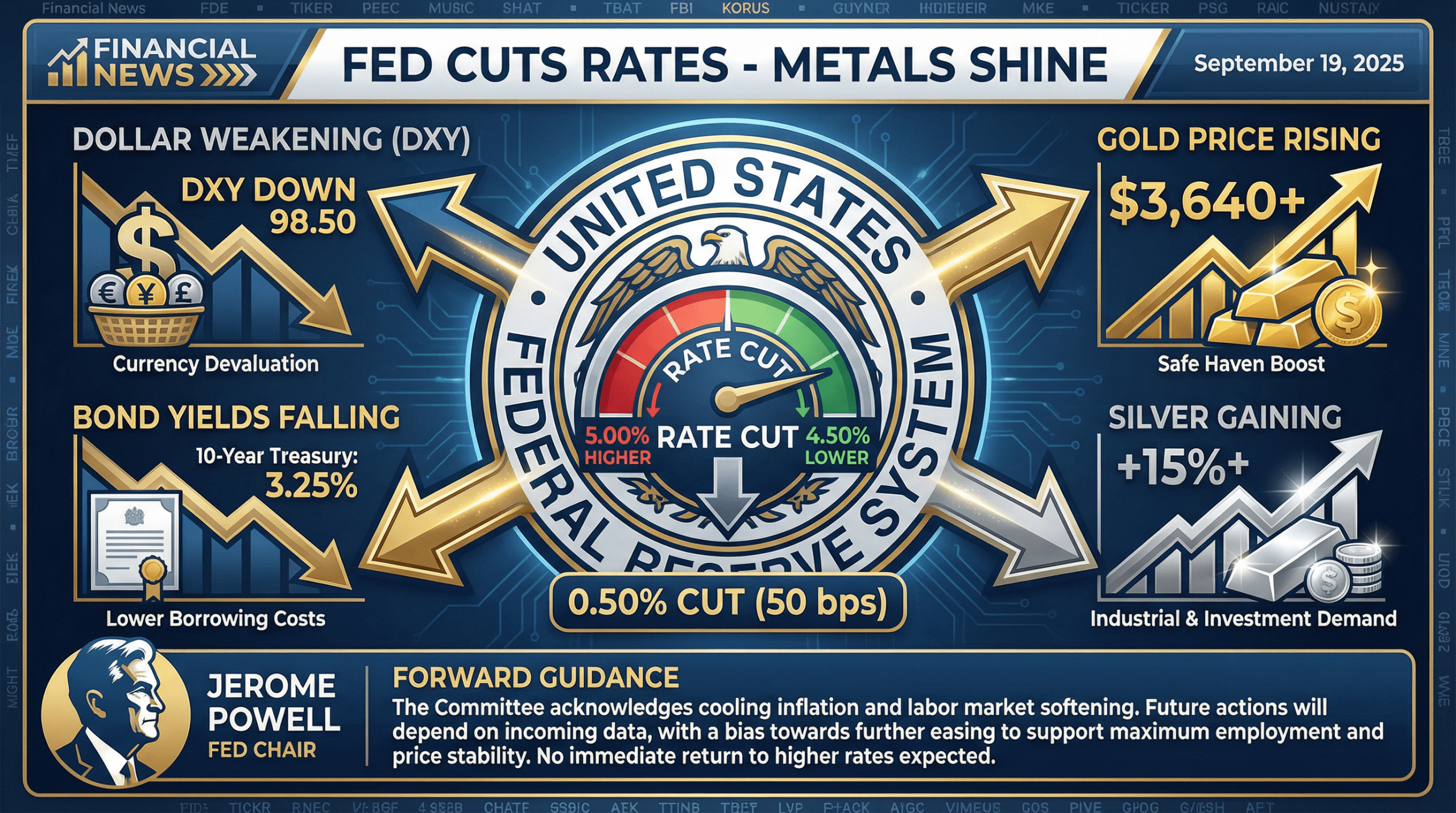 Federal Reserve rate cut countdown infographic with gold price surge and PCE inflation data, September 2025