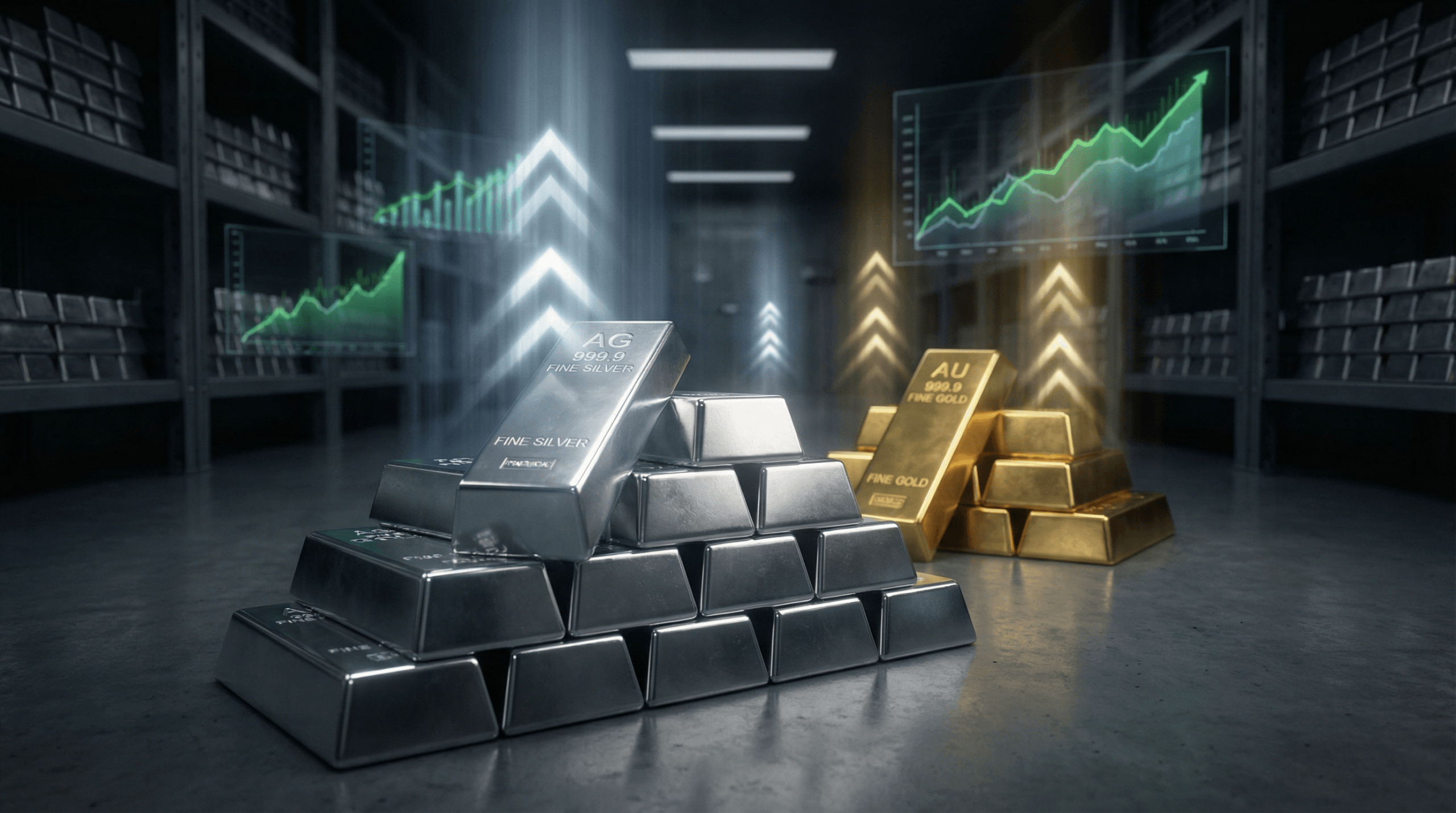 Silver and gold bars stacked in a vault with upward trending arrows showing the historic precious metals rally in December 2025