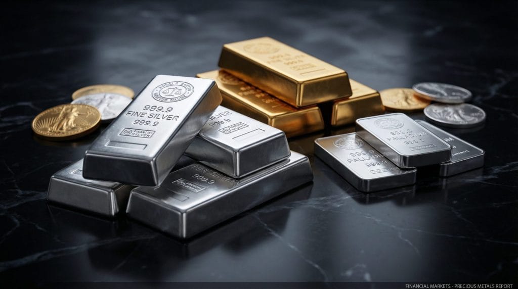Gold, silver, and palladium bars and coins arranged on dark surface showing precious metals market correction after record rally