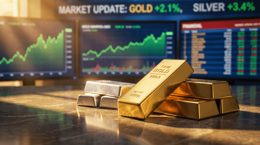 Gleaming gold and silver bars stacked on a table with financial charts in the background, representing the surge in precious metals prices.
