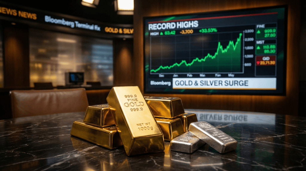 Gold and silver bullion bars with rising market charts showing record high precious metals prices