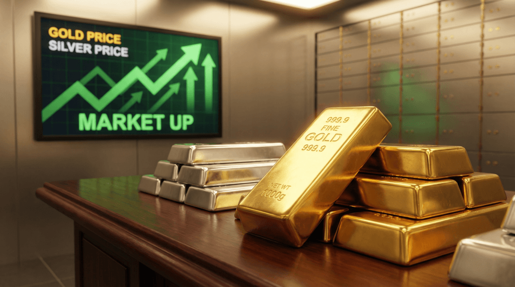 Gold and silver bars with rising price charts showing historic rally