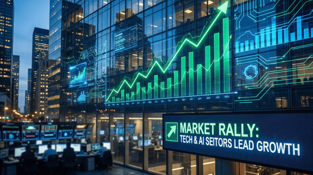 An ascending stock market graph superimposed on a modern financial building at night, symbolizing a market rally and economic growth.
