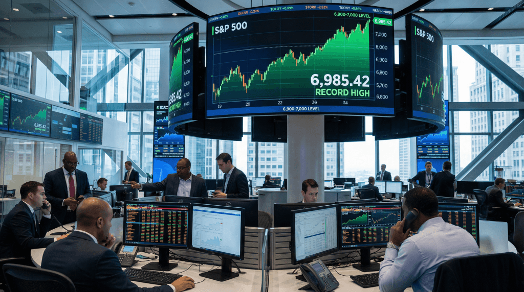S&P 500 trading floor showing record highs on digital displays