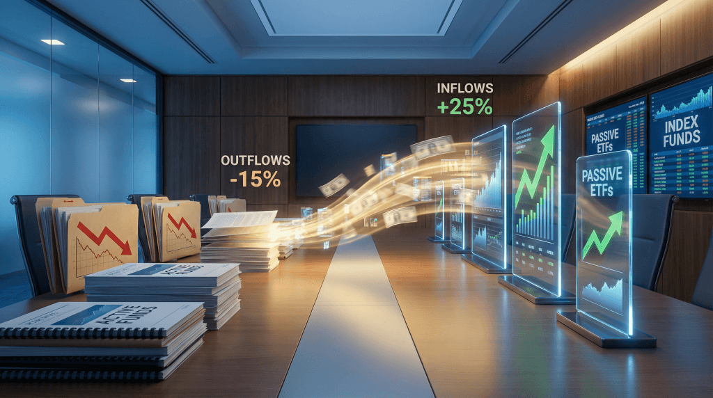Visual representation of money flowing from active mutual funds to passive ETFs