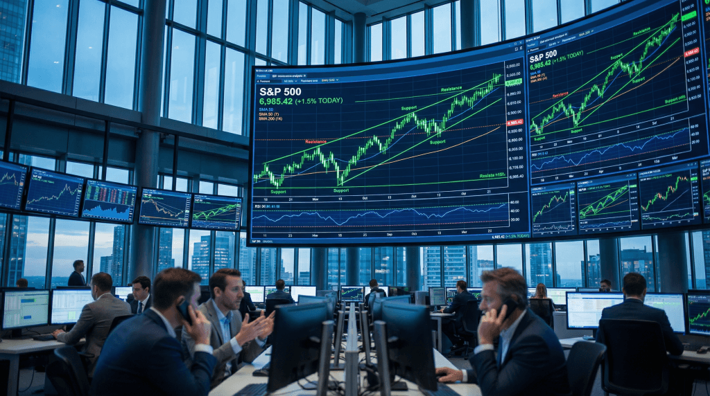 Stock market trading floor with technical charts showing S&P 500 near record highs and bullish indicators