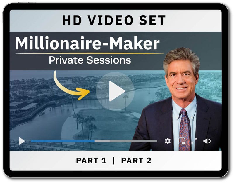 Millionaire Maker Private Sessions HD Video Part 1 Part 2 thumbnail – luxury resort golf course aerial view, confident older man in business suit smiling, large play button, "HD VIDEO SET Millionaire-Maker Private Sessions" title, yellow arrow graphic, video controls visible. Perfect for millionaire making investing system, private wealth building sessions, stock trading millionaire strategies, financial independence videos, elite investment education from top trader.