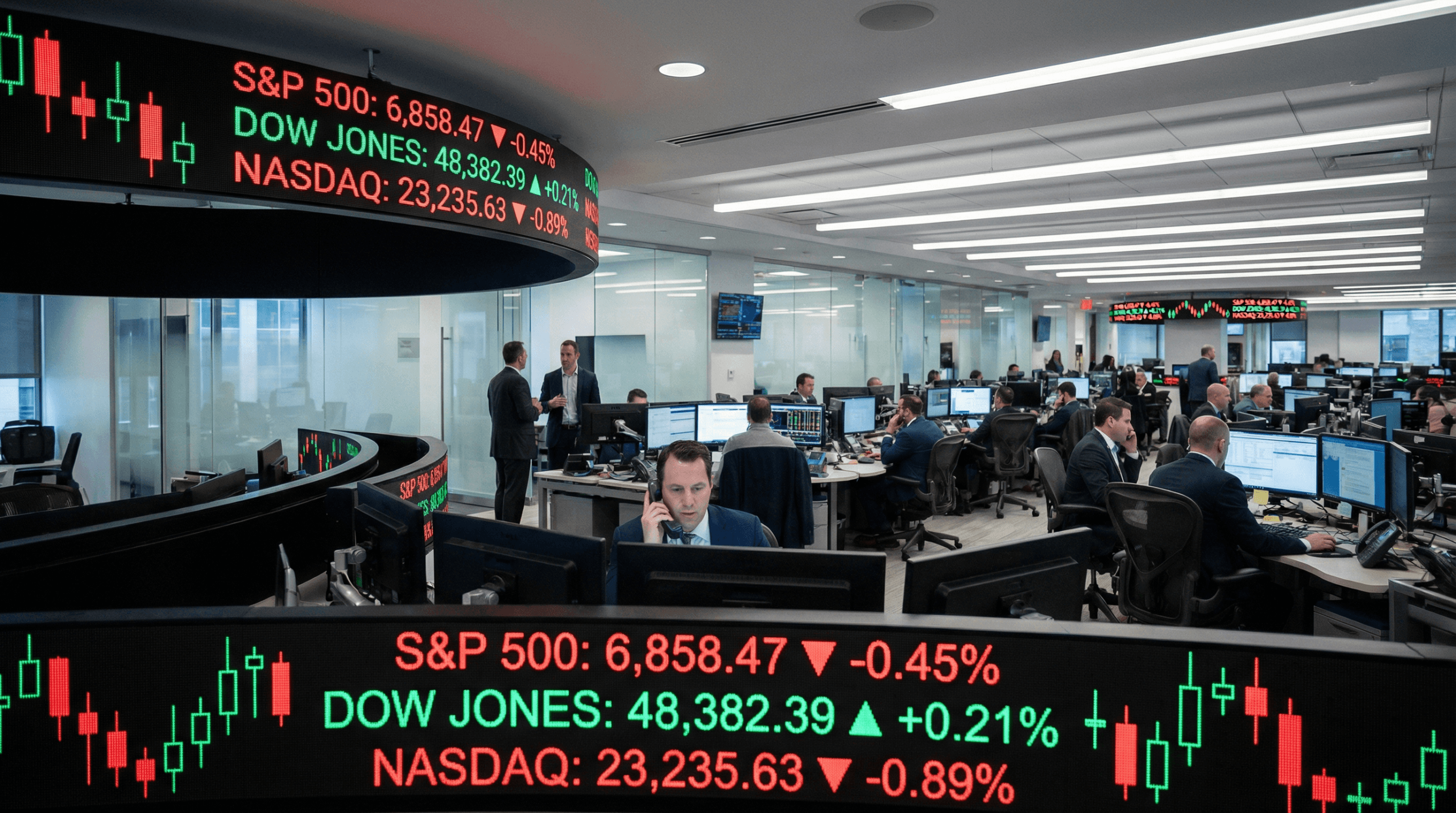 Modern Wall Street trading floor with digital displays showing mixed market performance for S&P 500, Dow Jones, and Nasdaq indices as markets begin 2026
