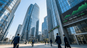 Modern Wall Street financial district with major bank headquarters and skyscrapers showing stock market gains as Q4 2025 earnings season begins with JPMorgan Goldman Sachs Bank of America reporting
