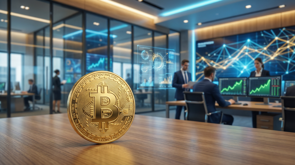 Bitcoin rising with institutional trading environment - cryptocurrency market analysis showing professional traders, digital networks, and corporate buildings representing institutional confidence and mainstream adoption