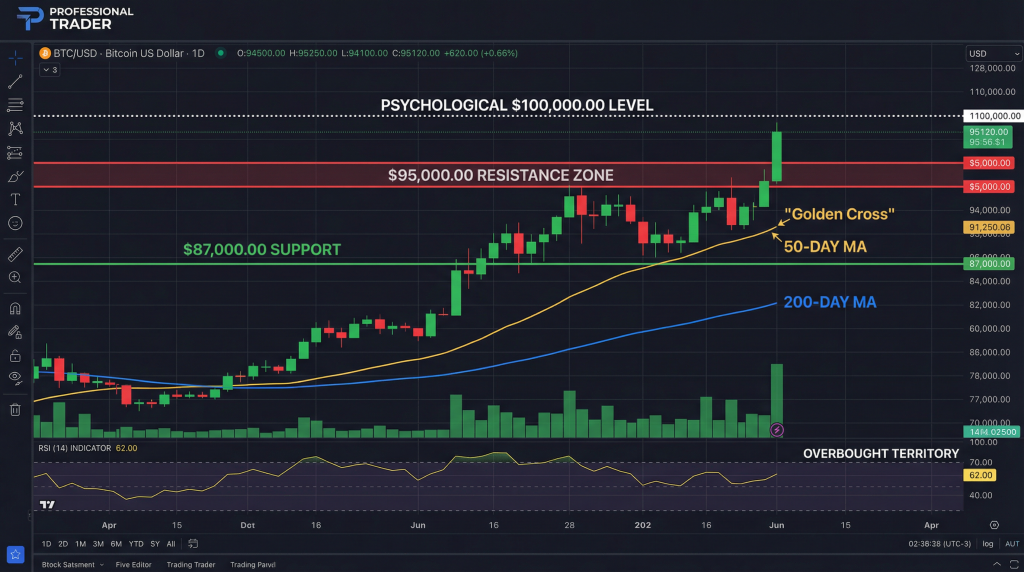 Bitcoin technical analysis chart showing BTC price consolidation between $87,000 support and $95,000 resistance with golden cross formation, RSI at 62 in overbought territory, and volume increasing