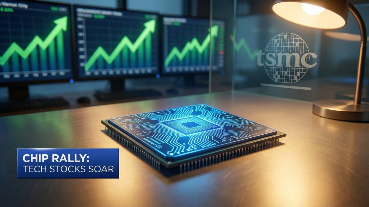 Semiconductor chip with circuit patterns representing the chip stock rally after TSMC earnings