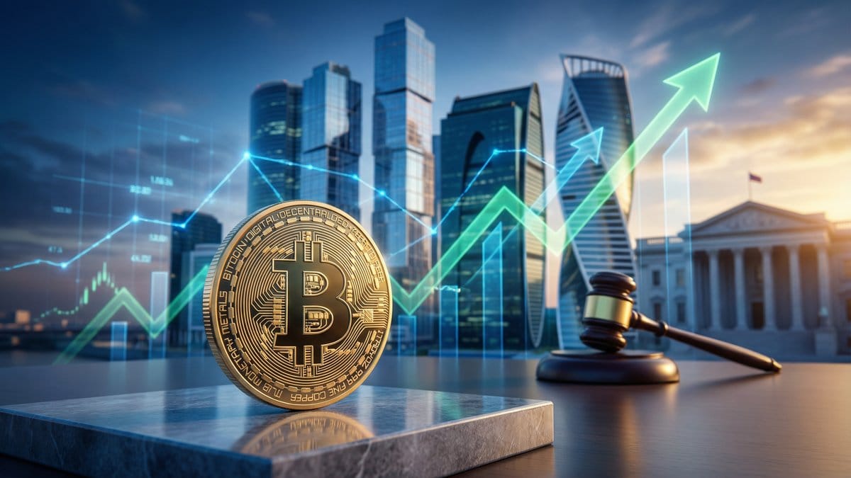 Bitcoin surging with institutional elements corporate buildings digital networks and regulatory gavel representing CLARITY Act optimism