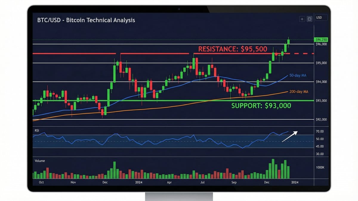 Bitcoin technical analysis chart showing BTC price breakout between $93,000 support and $95,500 resistance with bullish RSI and moving averages