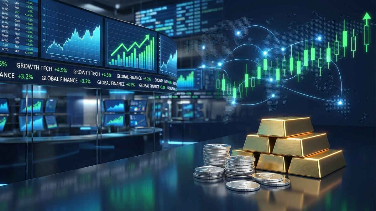 Financial market trading floor with gold bars, silver coins, and upward trending stock market charts showing market growth
