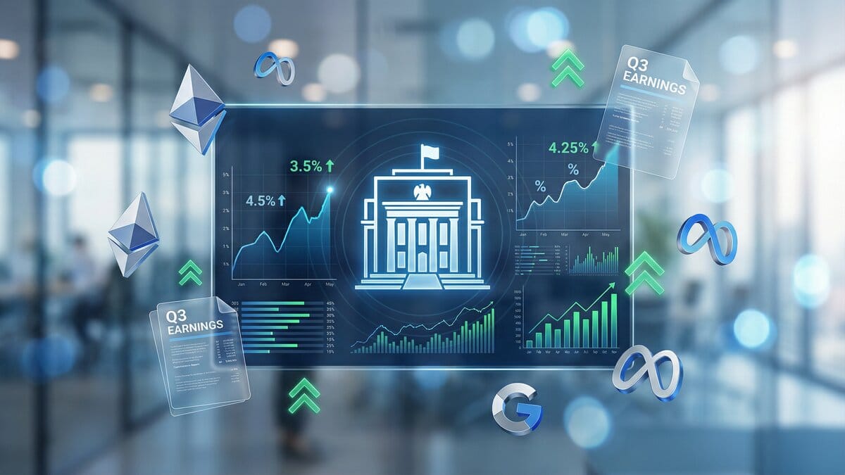 Federal Reserve building hologram with earnings reports, interest rate charts, and economic data visualizations