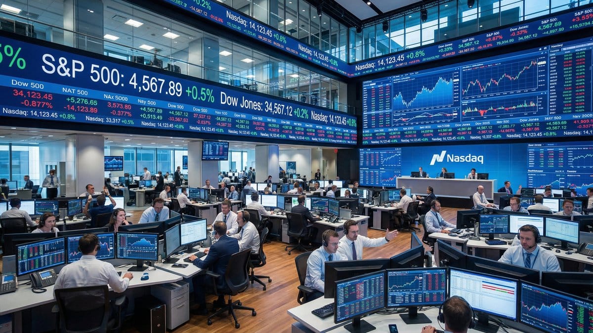 Modern stock exchange trading floor with digital screens showing market data