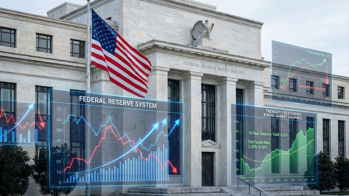 Federal Reserve building with American flag and financial charts overlay