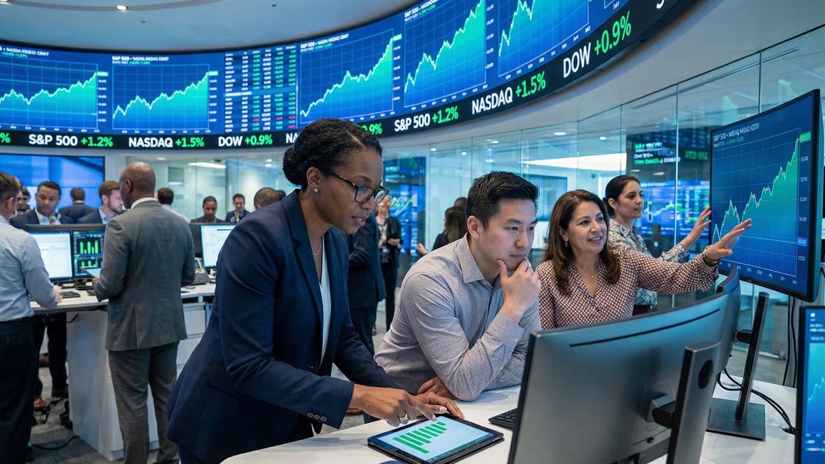 Diverse professional traders analyzing market data on trading floor with upward trending charts