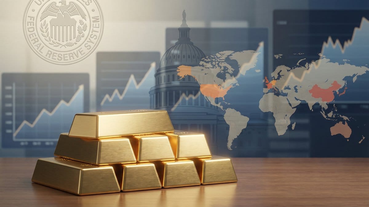 Gold bars with Federal Reserve building and geopolitical risk indicators representing safe haven demand