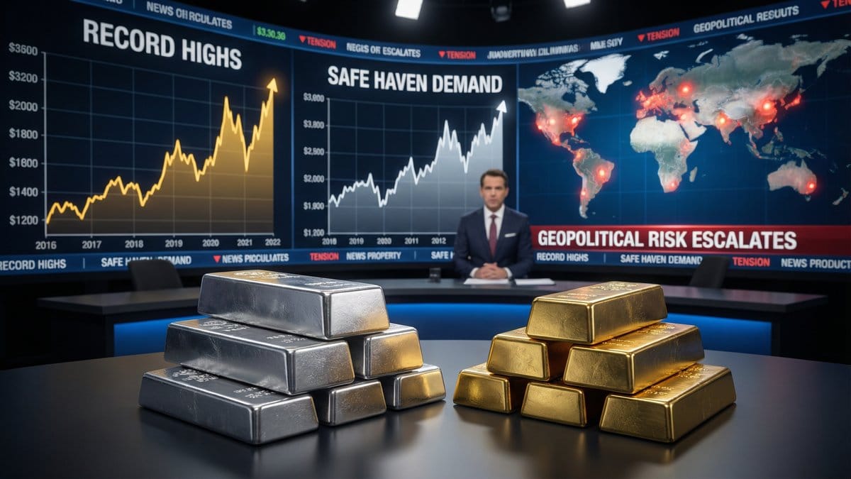 Silver and gold bullion bars with upward trending price charts showing record highs amid geopolitical tensions