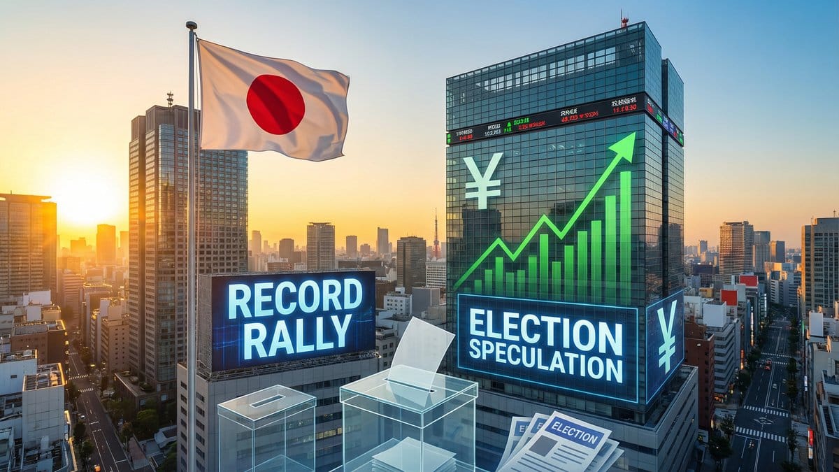 Tokyo skyline with Japanese flag and Nikkei stock exchange showing record rally and election speculation