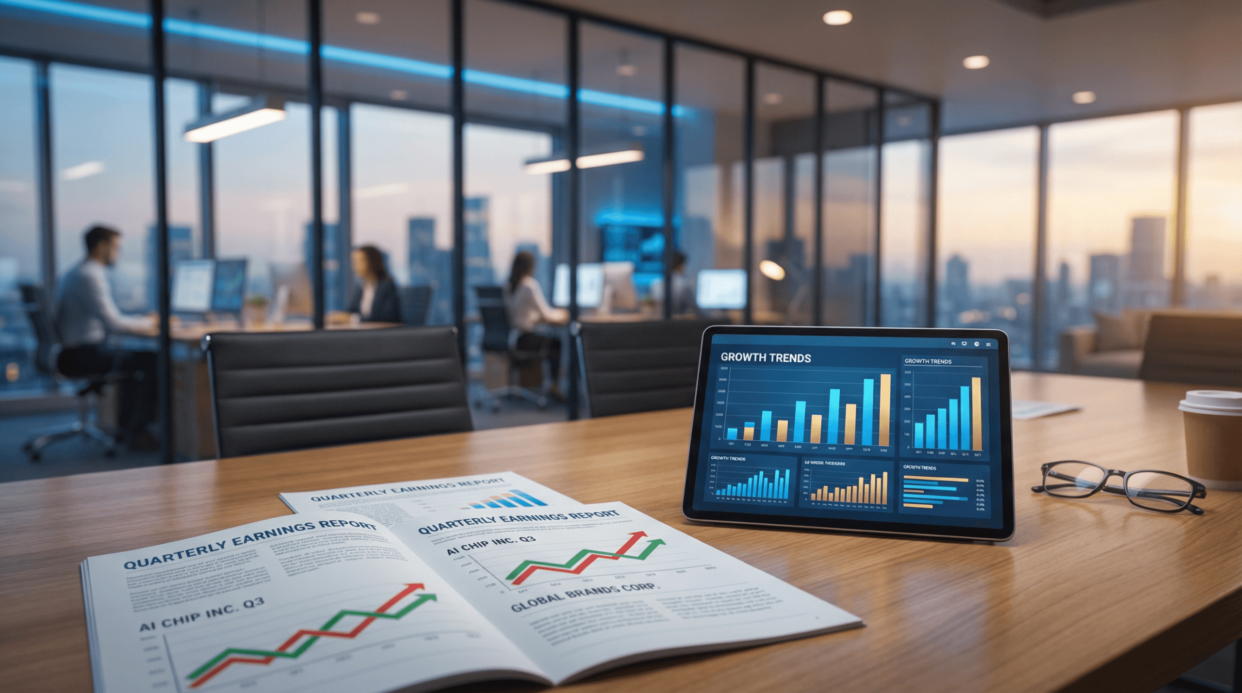 Corporate earnings reports with financial charts and stock market data displayed on tablet in modern office setting