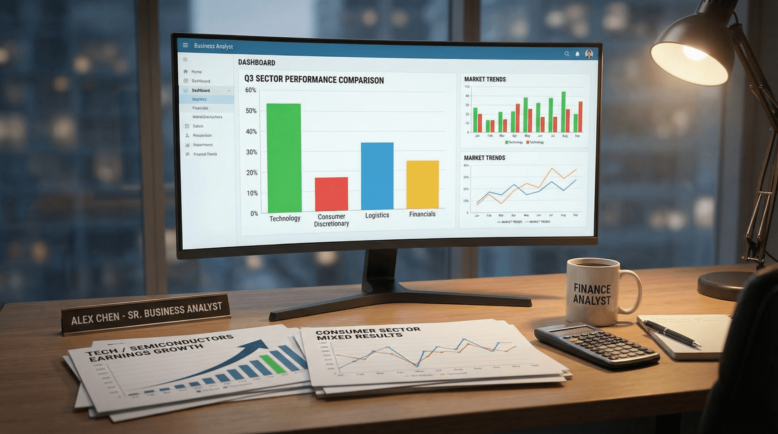 Business analyst desk with financial performance charts comparing market sectors including Technology, Consumer Discretionary, Logistics, and Financials during earnings season