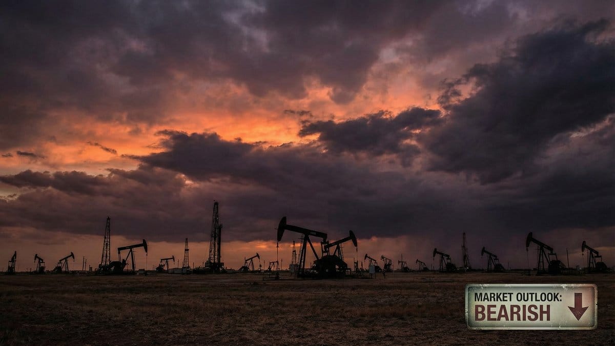 Oil pump jacks silhouetted against dramatic sunset sky